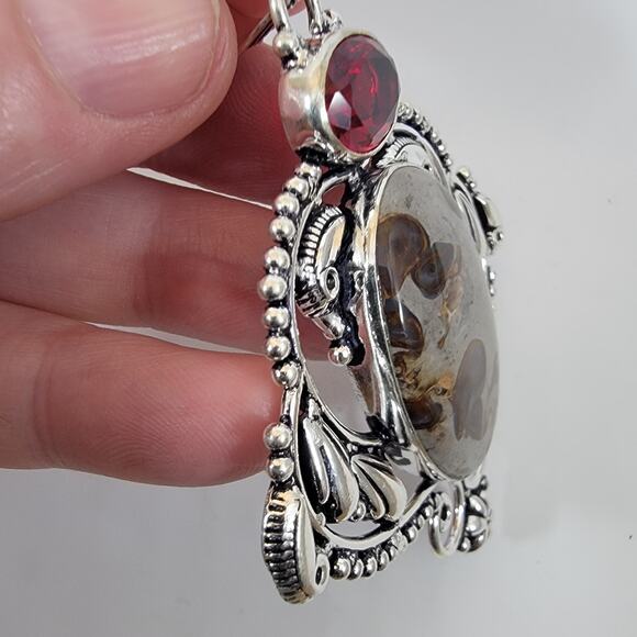 Handmade Silver Pendant with Fossil Coral and Red Garnet Accent - Picture 3 of 10